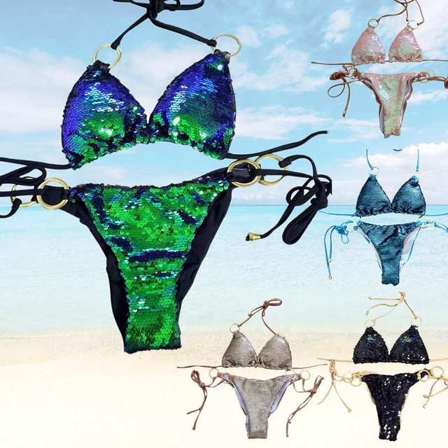 Bikini cekinowe brokatowe - seksowny strój plażowy w zestawie, z trójkątnym topem i bandażem, dostępny w rozmiarach S/M/L - tanie ubrania i akcesoria