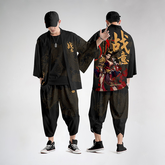 Mężczyźni Vintage Styl Japoński Kimono Haori z Spodniami - Tradycyjna Odzież Harajuku Streetwear, Samuraj Cardigan, Kostium Kimono, Płaszcz Spodnie - tanie ubrania i akcesoria