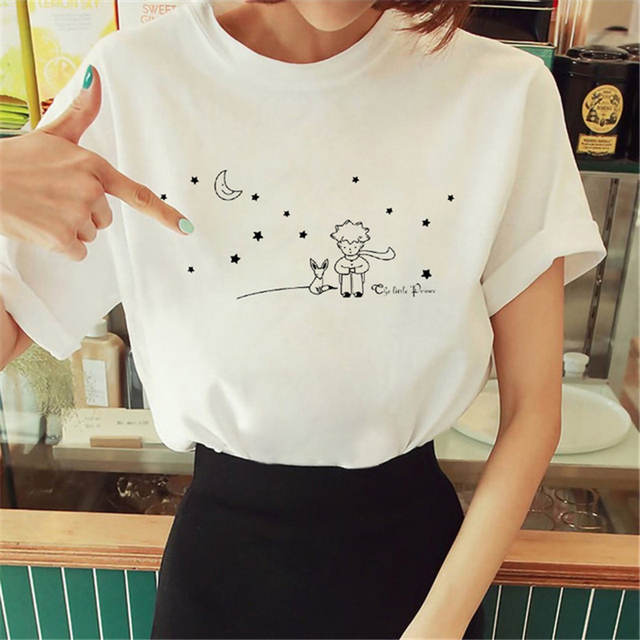 Koszulka damska z nadrukiem Kreskówka Mały Książę - T-Shirt z grafiką Vouge - O-Neck, krótki rękaw - tanie ubrania i akcesoria
