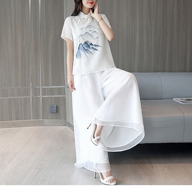 Chińskie lniane Cheongsam Retro Vintage - zestaw białych tradycyjnych ubrań dla kobiet: top z krótkim rękawem i spodnie - tanie ubrania i akcesoria