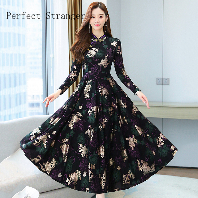 Długa sukienka z długim rękawem o podwyższonej elegancji w stylu 2021 jesieni-zimy, z kwiatowym wzorem qipao, stojącym kołnierzem - rozmiary M-4XL - tanie ubrania i akcesoria