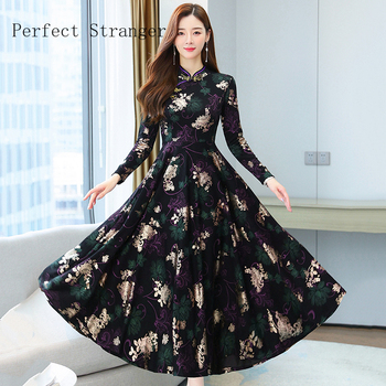 Długa sukienka z długim rękawem o podwyższonej elegancji w stylu 2021 jesieni-zimy, z kwiatowym wzorem qipao, stojącym kołnierzem - rozmiary M-4XL