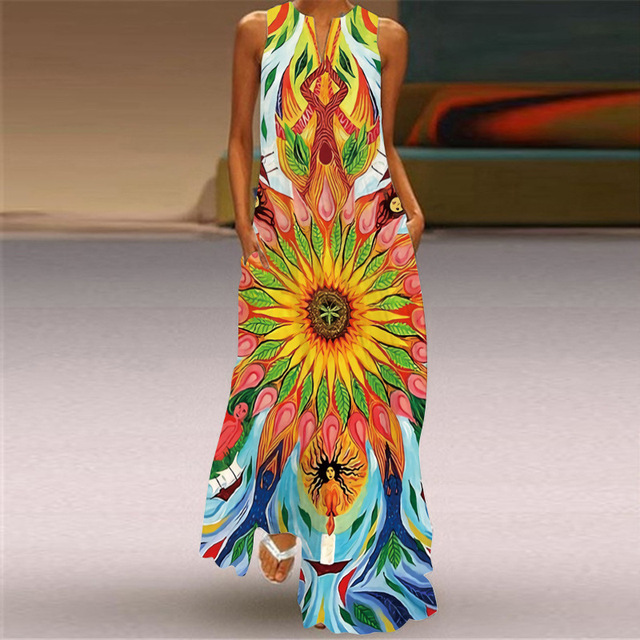 Letnia sukienka długa maxi elegancka plażowa boho 2021, kwiatowa, bez rękawów, plus size, Vestidos - tanie ubrania i akcesoria