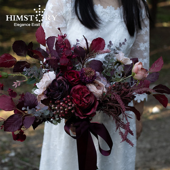 HIMSTORY Vintage ciemnoczerwony bukiet ślubny z ręcznie wykonanymi sztucznymi kwiatami jedwabnymi