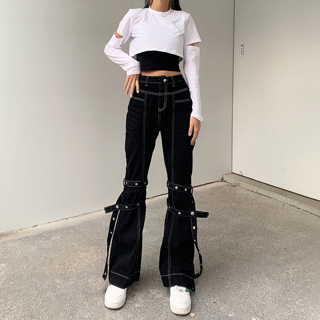 Czarny sweter hiphopowy z lat 90. z wysokim stanem i szerokimi nogawkami dla kobiet - moda Harajuku 2021 - tanie ubrania i akcesoria