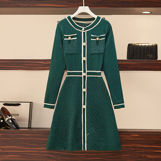 JSXDHK designerska bluzka damska zielona w kratę jednorzędowy sweter jesień w rozmiarze Plus Vestido w jasne jedwabne druty sukienka S-4XL - tanie ubrania i akcesoria