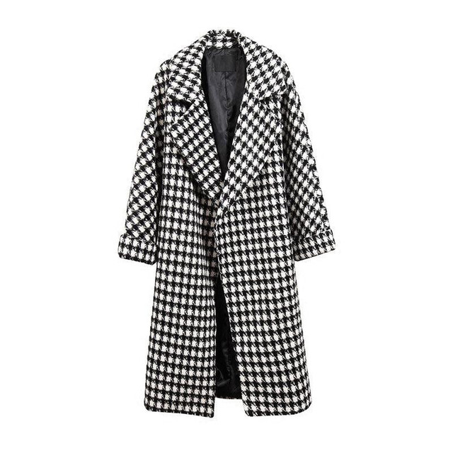 Elegancki wełniany płaszcz z długim rękawem i plażowym wzorem w kratkę ogry w zestawieniu z wygodnym krojem bez podszewki - tanie ubrania i akcesoria