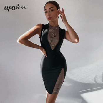 Nowa, seksowna sukienka mini o-neck bez rękawów z siateczkowym wzorem, zdobiona błyszczącymi diamentami - Vestido Club Party