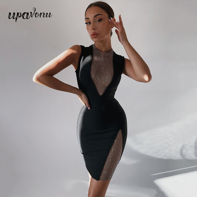Nowa, seksowna sukienka mini o-neck bez rękawów z siateczkowym wzorem, zdobiona błyszczącymi diamentami - Vestido Club Party - tanie ubrania i akcesoria