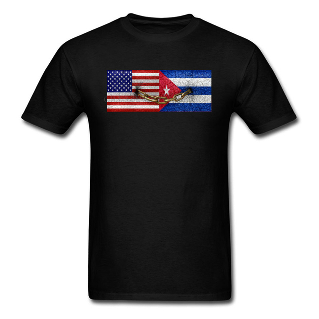 Czarna koszulka męska z bawełny, krótki rękaw, w stylu koszulki z napisem O Neck, z motywem flagi Kuby i Stanów Zjednoczonych (d38512445) - tanie ubrania i akcesoria