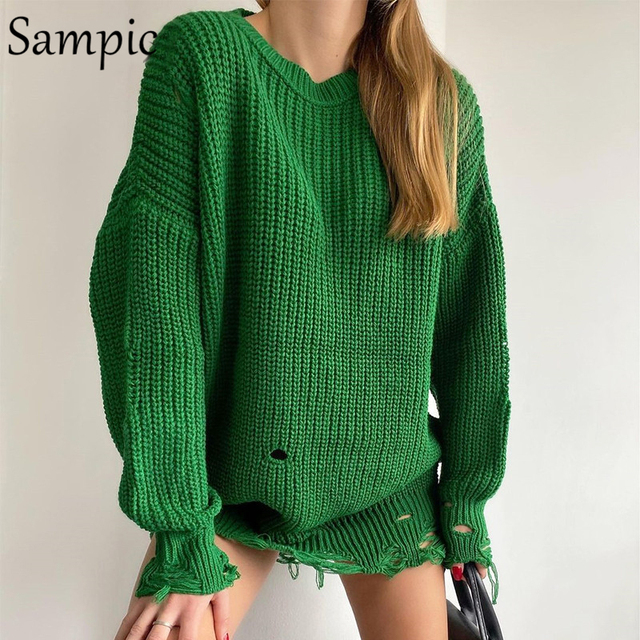 Nadwymiarowy sweter z długim rękawem zielony O Neck Sampic 2021 Y2K dla kobiet - tanie ubrania i akcesoria