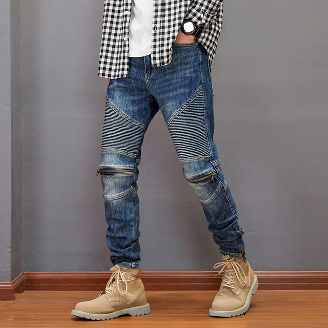 Dżinsy męskie Retro Slim Fit z motocyklistycznym stylem Amerykańskiej ulicy, w kolorze niebieskim, z dolnym zamkiem i projektowanymi połączeniami - denim punkowe spodnie z nutą Hip Hopu - tanie ubrania i akcesoria