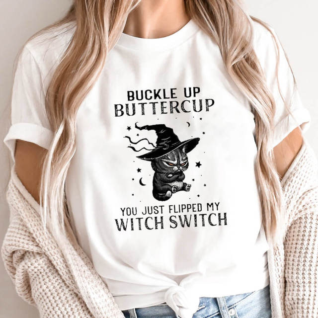 Koszulka damska Halloween czarownica kot 100% bawełna z krótkim rękawem - śmieszna i stylowa na co dzień! - tanie ubrania i akcesoria