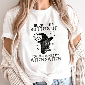 Koszulka damska Halloween czarownica kot 100% bawełna z krótkim rękawem - śmieszna i stylowa na co dzień!