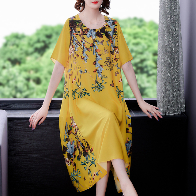 ZUOMAN Sukienka Vintage z kwiatowym wzorem, żółta, szyfonowa, elegancka, Plus Size, 4XL - tanie ubrania i akcesoria
