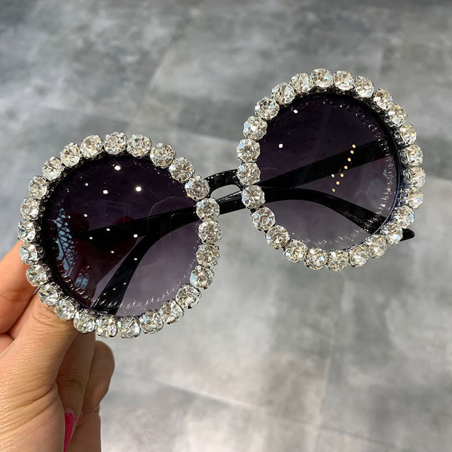 Modne okrągłe damskie okulary przeciwsłoneczne z bling diamentowymi kryształami - tanie ubrania i akcesoria