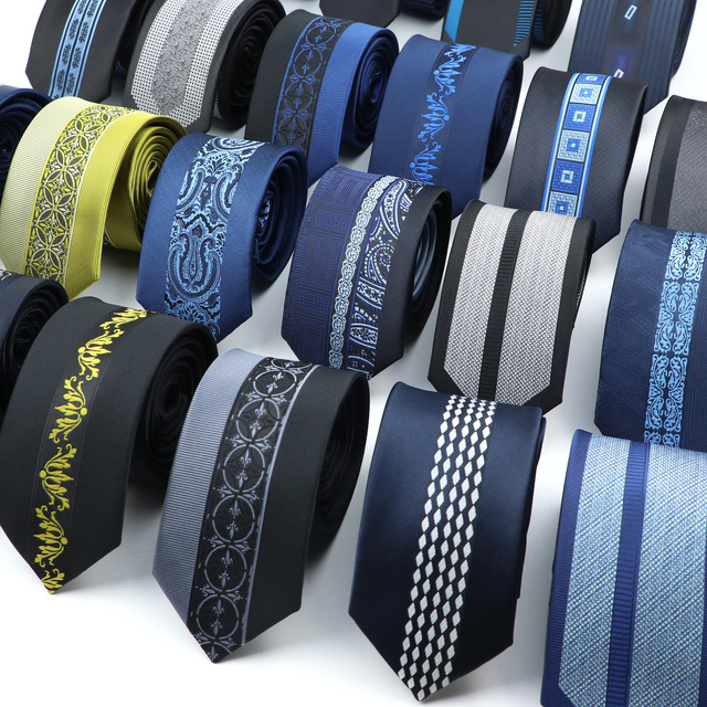 Luksusowy męski krawat żakardowy slim 6cm - czarna/niebieska kwiaty Paisley - tanie ubrania i akcesoria