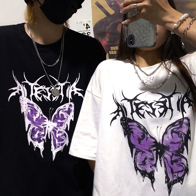Męska koszulka Punk z motywem motyla Harajuku o niezwykłym rozmiarze i ciemnym stylu - Streetwear, Hip Hop, Gothic - tanie ubrania i akcesoria