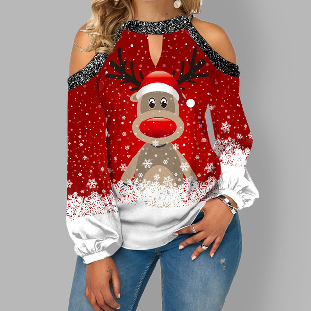 Nowa koszulka damska z długim rękawem w rozmiarze Plus Size, 2021, Boże Narodzenie, modny sweter, urocza bluzka codzienna z dekoltem Hollow Out - tanie ubrania i akcesoria