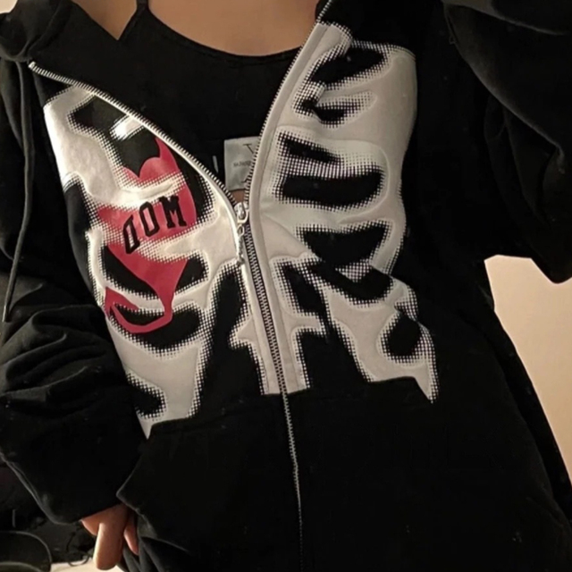 Luźny płaszcz z kapturem Y2K Harajuku z nadrukiem czaszki dla kobiet - gothic styl Retro E girl - tanie ubrania i akcesoria