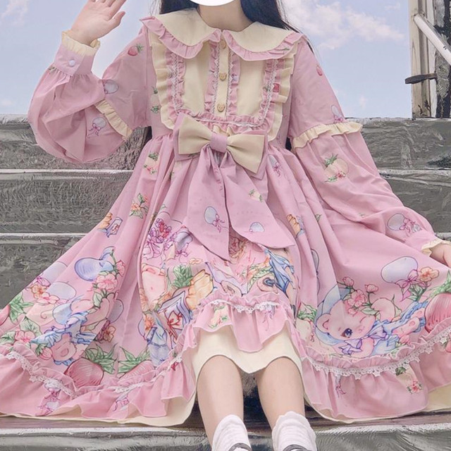 Sukienka Lolita w stylu vintage z długim rękawem i falbaną, dla kobiety w modnym wzorze 2021, piękna i urocza - tanie ubrania i akcesoria