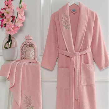 Luksusowy fioletowy szlafrok z miękkiej bawełny dla kobiet - zestaw 2 sztuki: 1 szlafrok + 1 szef ręcznik