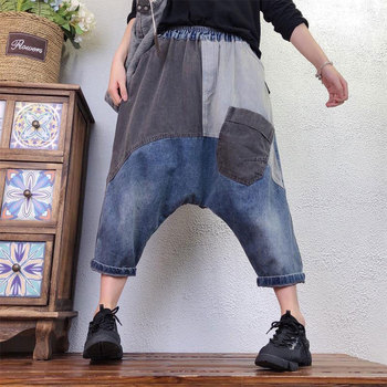 Wiosna lato nowe sztuki kobiety - luźne dżinsy z dużą kieszenią w stylu vintage, projekt patchworkowy, wykonane z bawełnianego denimu, krzyżowe, model V401