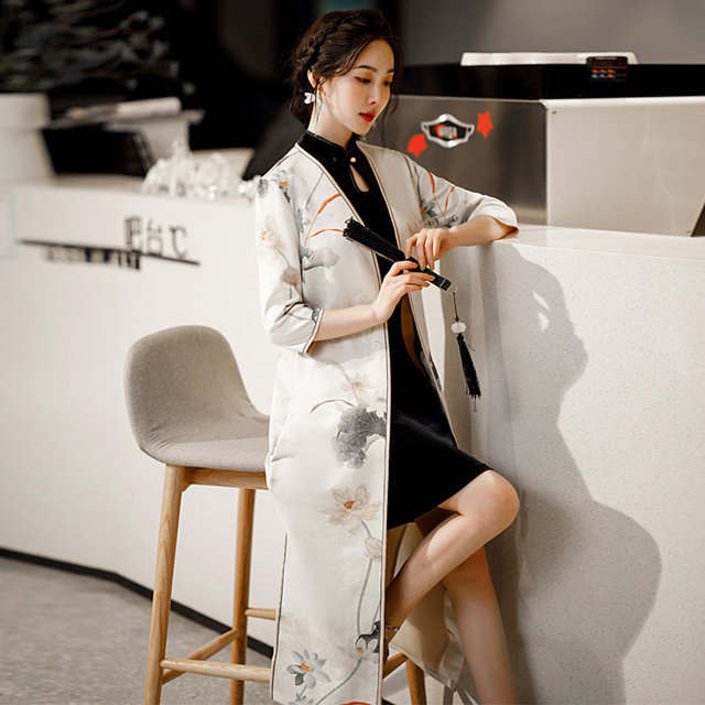 Kurtka damska z wzorem Tang Lotus - Dłuży qipao Hanfu kobiety 2021 w stylu chińskim - tanie ubrania i akcesoria