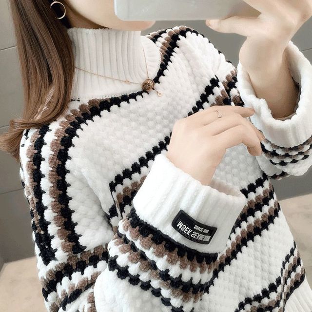 Nowoczesny pulower damski na szyję - jesienno-zimowa koreańska młodzież moda, luźny sweter dzianinowy Vestidos - tanie ubrania i akcesoria
