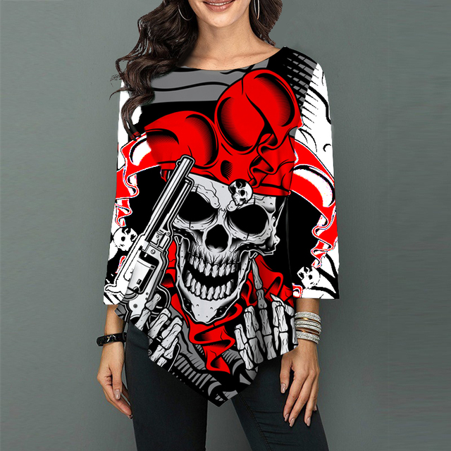 Gothic Punk Skulls - damska koszulka z długim rękawem i motywem czaszki - jesień 2021 - tanie ubrania i akcesoria