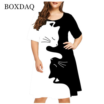 Nowa sukienka plus-size dla kobiet - letni kociak, nadruk, krótki rękaw, moda uliczna, rozmiar 4XL
