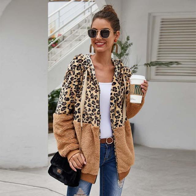 Płaszcz zimowy kobiecy Leopard z sztucznego futra pluszowy z kapturem - tanie ubrania i akcesoria