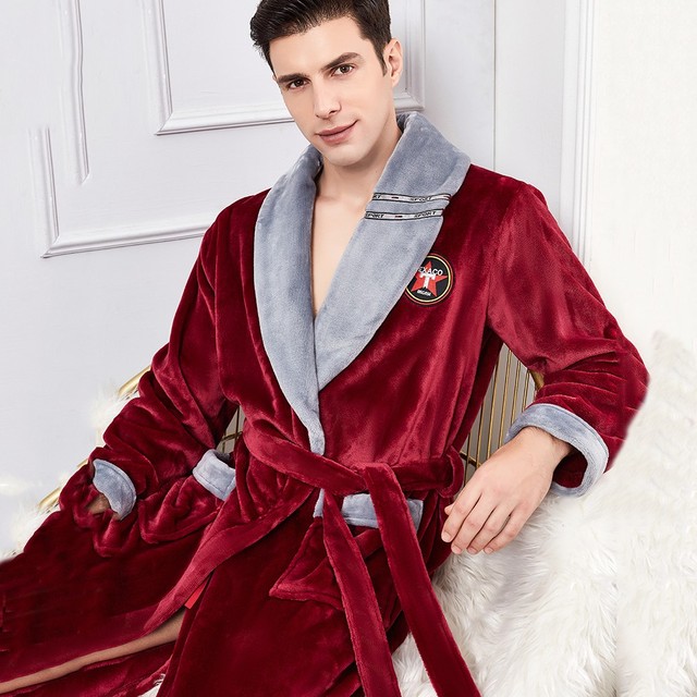 Flanelowe męskie szaty piżamy zimowe, 3XL, ciepłe, Kimono, gruby, koralowy polar - tanie ubrania i akcesoria