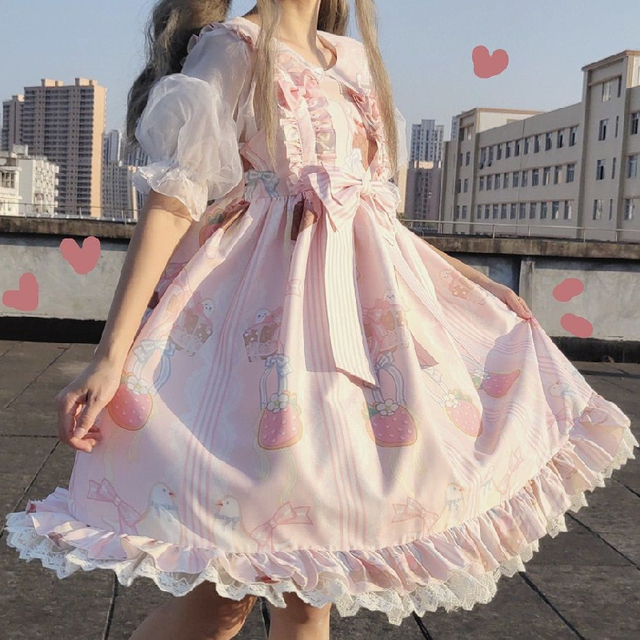 Lolita JSK - Japońska sukienka spotkanie przy herbacie z kokardą, w stylu gotyckim, w kolorze różowym, wysokiej talii, bez rękawów, Baby Doll dla kobiet Y2K - tanie ubrania i akcesoria