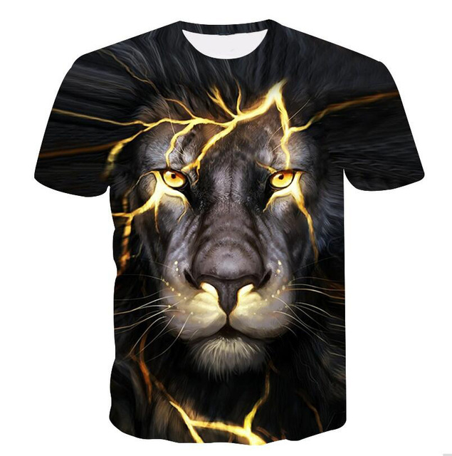 Nowość! Letnia koszulka męska z nadrukiem 3D lwa, krótki rękaw, okrągły dekolt - tanie ubrania i akcesoria
