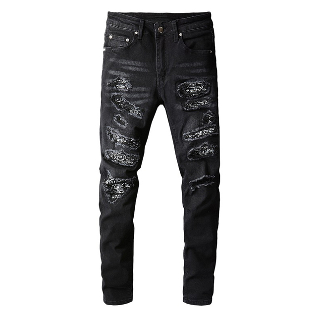 Męska Bandanna z wzorem Paisley Patchwork - Czarne jeansy ze streczem Streetwear ołówkowe Slim Skinny z przetarciami - tanie ubrania i akcesoria