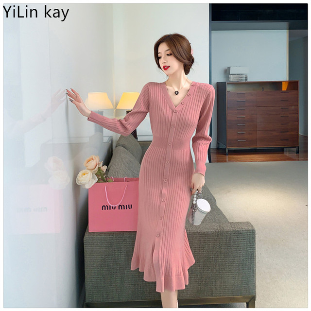 Sukienka zimowa w koreańskim stylu jednorzędowa sweter-syrenka - Vestidos - tanie ubrania i akcesoria