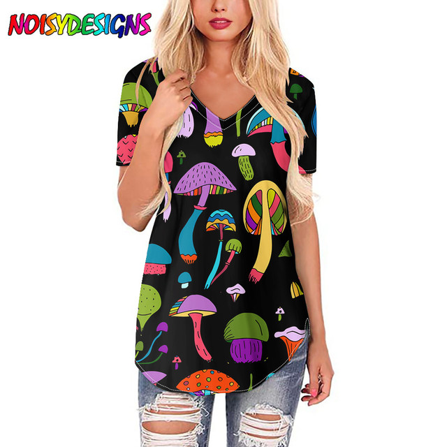 Letnie koszulki damskie NOISYDESIGNS z kolorowym nadrukiem grzybów, krótki rękaw, czarne Vetement Femme - tanie ubrania i akcesoria