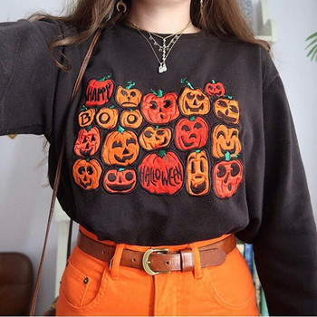 Bluza damska z nadrukiem dyni halloweenowej w stylu Casual, długi rękaw, w kratkę, z wycięciem pod szyją, luźna jesienią