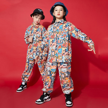 Chłopięcy kostium taneczny Hip-hop Graffiti - spodnie z długim rękawem, stylowa odzież uliczna dla dzieci w jesiennej odsłonie - DNV15430