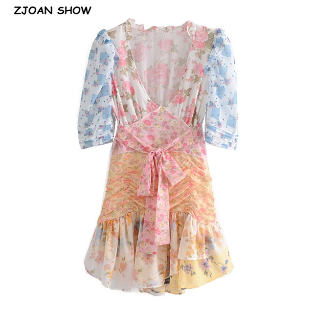 Sukienka Retro Print Hit 2021 w stylu francuskim, krótki bufiasty rękaw, plisowana z muszką, kwiatowy nadruk, kolorowa Mini sukienka na wakacje - tanie ubrania i akcesoria