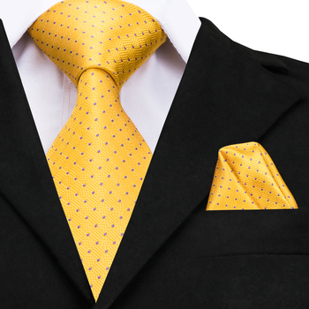 Złoty krawat jedwabny Hi-Tie 2018 | Projektant, żółte kropki, duże krawaty | wysokiej jakości, ręcznie żakardowo tkane | 160 cm