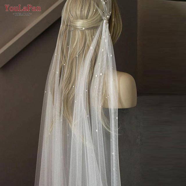 Długi welon ślubny YouLaPan V12 w kolorze białym oraz kości słoniowej, ozdobiony perłami - nowość 2020 - tanie ubrania i akcesoria