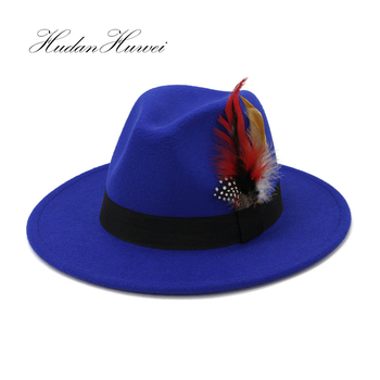 Czarny wełniany kapelusz Fedora Panama Jazz z piórkiem