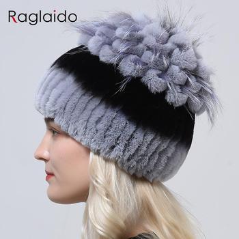 Futro naturalne kapelusz damski z dzianiną w stylu królika Rex - ręcznie szyty, ciepły beanie z patchworkiem i kwiatowym motywem