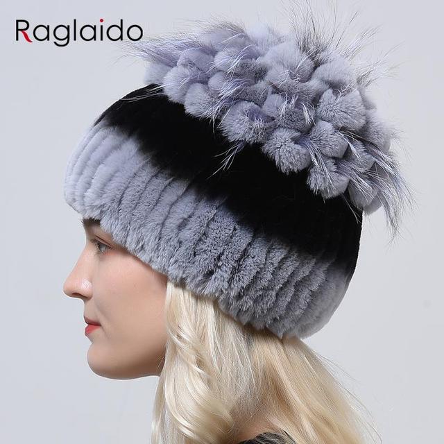 Futro naturalne kapelusz damski z dzianiną w stylu królika Rex - ręcznie szyty, ciepły beanie z patchworkiem i kwiatowym motywem - tanie ubrania i akcesoria
