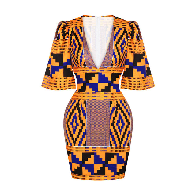 Afrykańska sukienka Bodycon z nadrukiem w stylu Ankara dla kobiet - Moda 2021, Seksowny dekolt w serek, Rozkloszowane rękawy - Idealna na party afrykańskie - tanie ubrania i akcesoria
