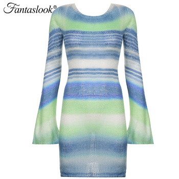 Zimowy sweter sukienka kobiety  barwnik Mini dzianiny rękaw Sexy Backless typu Bodycon Slim Vestidos rozkloszowany jesień krawatbandażowe sukienki