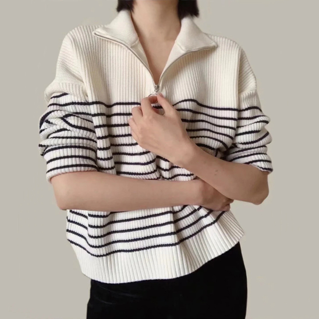 Damski pasek dziergany sweter luźny na szyję z błyskawicą - czarno-biały - tanie ubrania i akcesoria