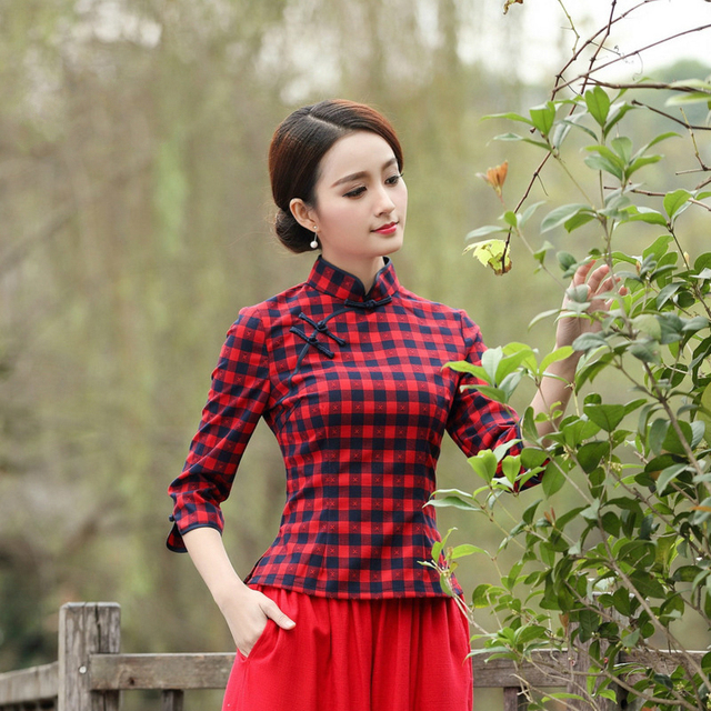 Czerwona czarna plaidowa bluzka w chińskim stylu, wykonana z bawełny - Qipao Hanfu koszula - tanie ubrania i akcesoria